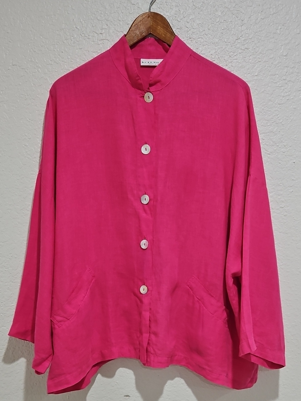 bryn Walker Hot Pink Mandarin-Collar Button Front Blouse